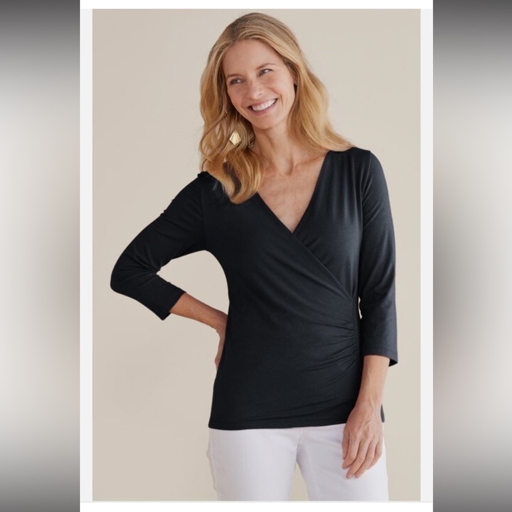Soft Surroundings Modest Stretchy Minimalist  V-Neck 3/4 Sleeve Faux Wrap Blouse